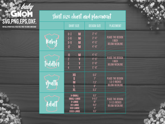 T-Shirt Size Chart and Placement